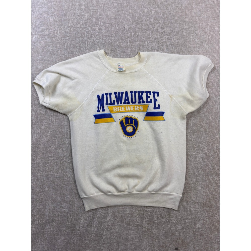 Vintage 80s Champion Milwaukee Brewers Short Sleeve Sweatshirt Cream Medium USA